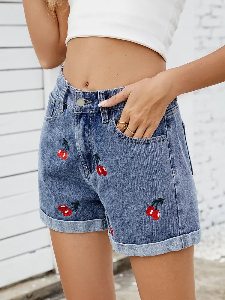 Women Denim Shorts Blue Cotton | Cherry Blossom-3