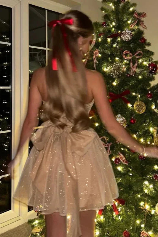 Women Strapless Glitter Mini Dress with Flared Skirt | Isabelle