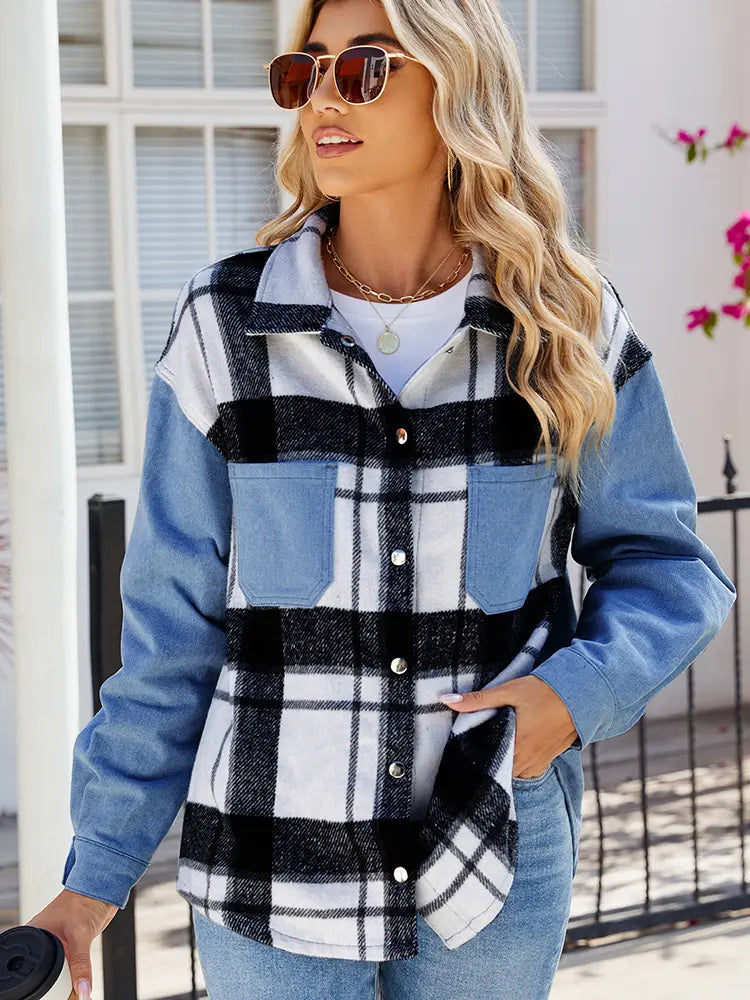 Women Denim Jacket Black and White Plaid | Trendsetter-4