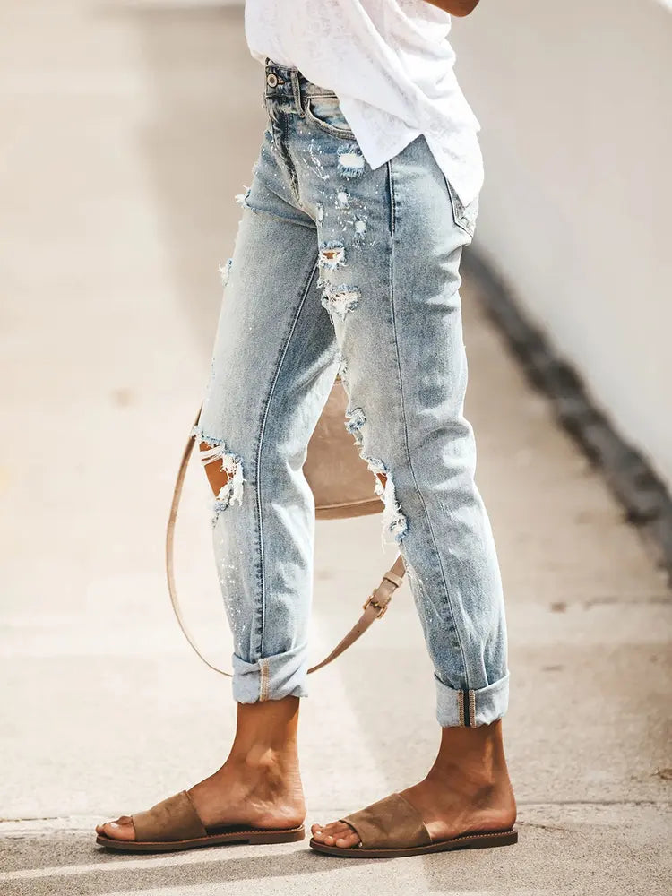Women Cropped Denim Pants Blue Distressed | Urban Chic-2