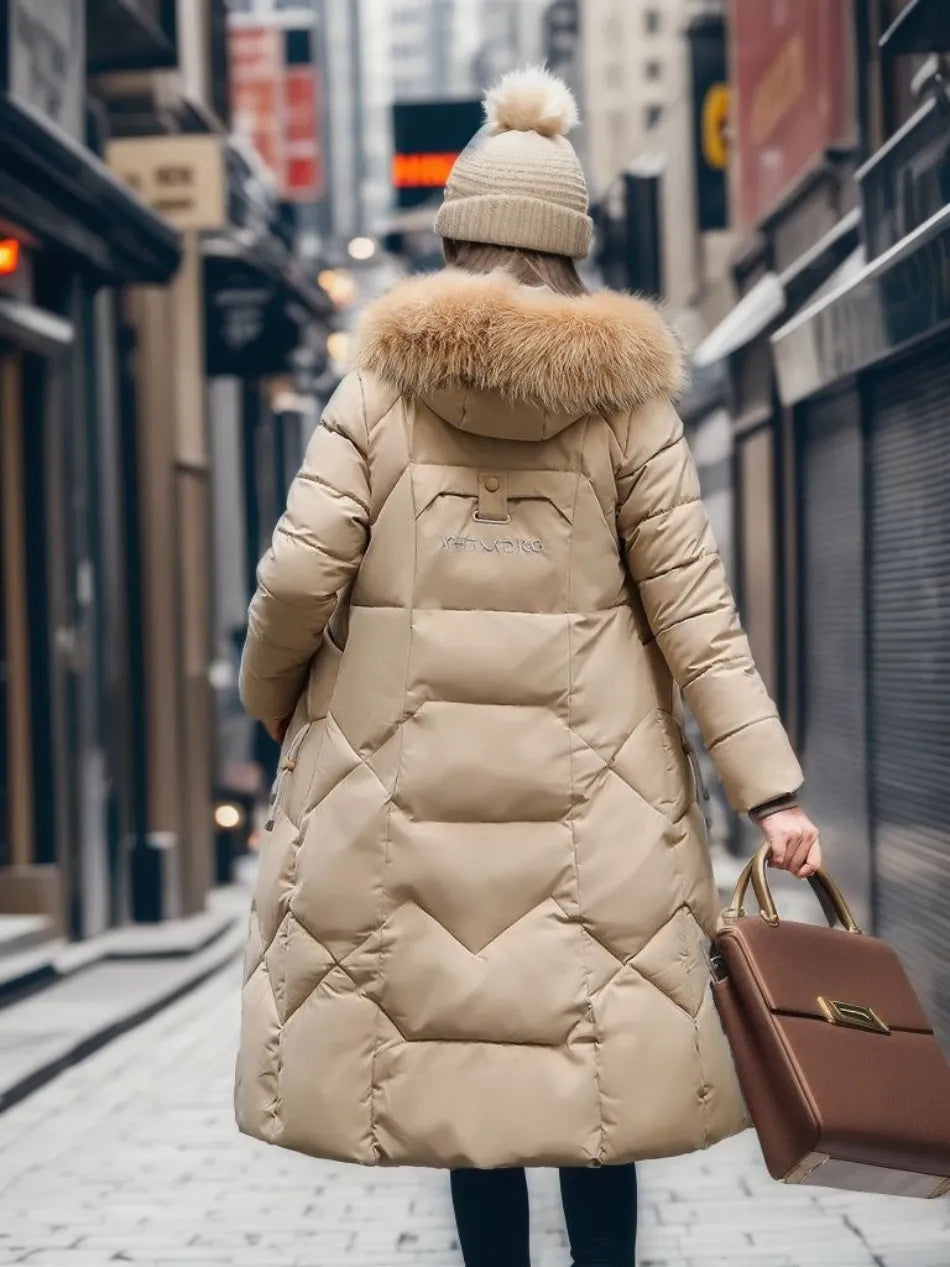 Women Long Puffer Coat with Faux Fur Hood | Tania