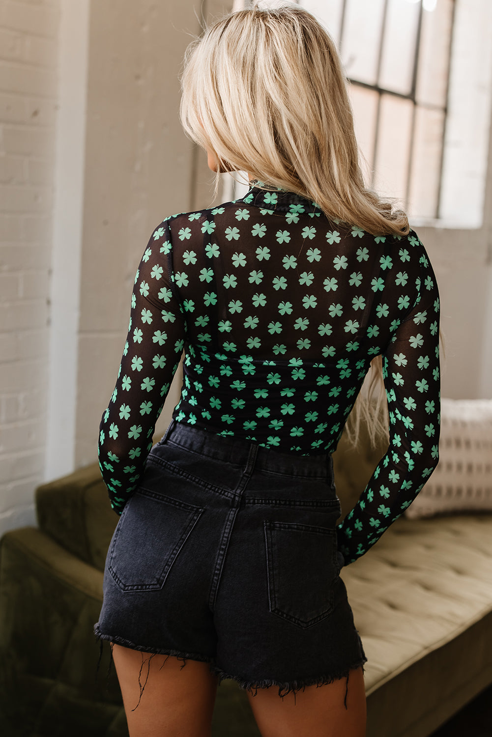 Women Mesh Shamrock Long Sleeve Top | Elowen