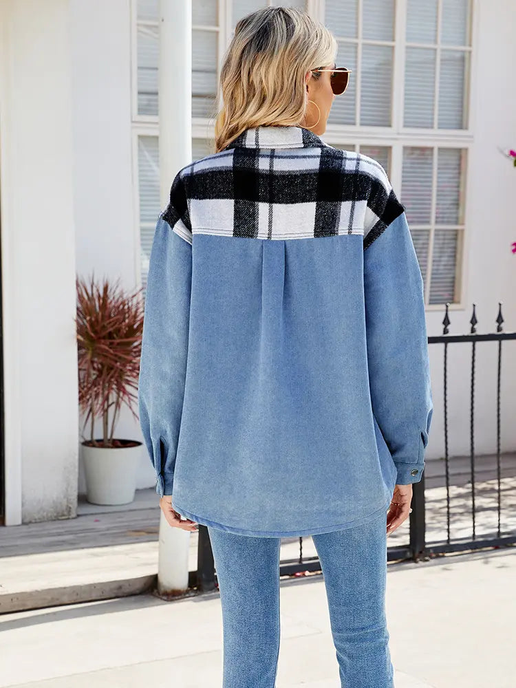 Women Denim Jacket Black and White Plaid | Trendsetter-5
