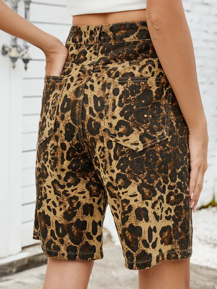Women Denim Shorts Leopard Print Slimming | Retro Chic-4