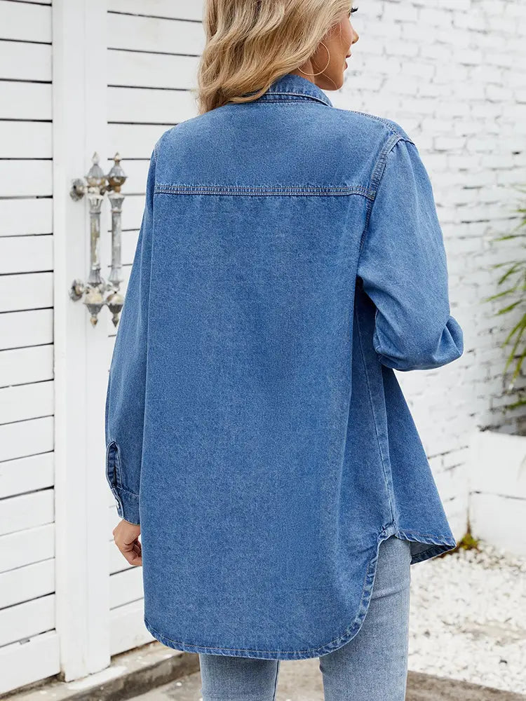 Men's Long Sleeve Denim Shirt Blue Cotton | Casual Style-4