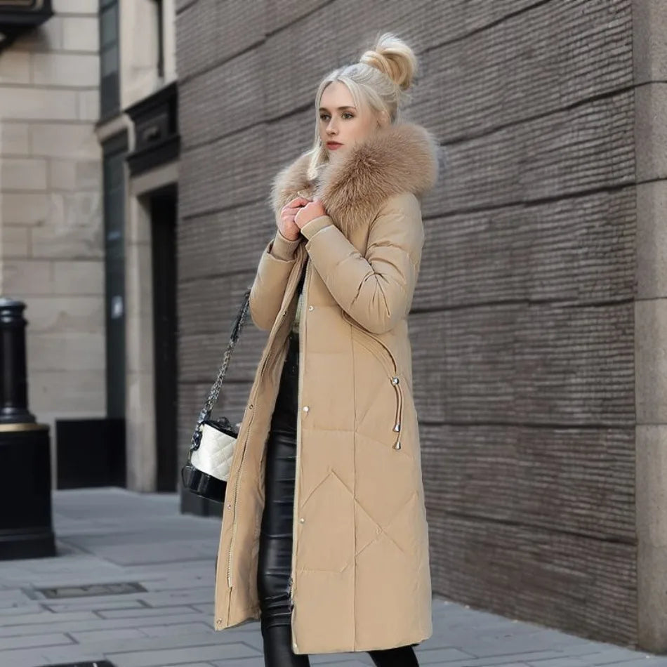 Women Long Puffer Coat with Faux Fur Hood | Tania