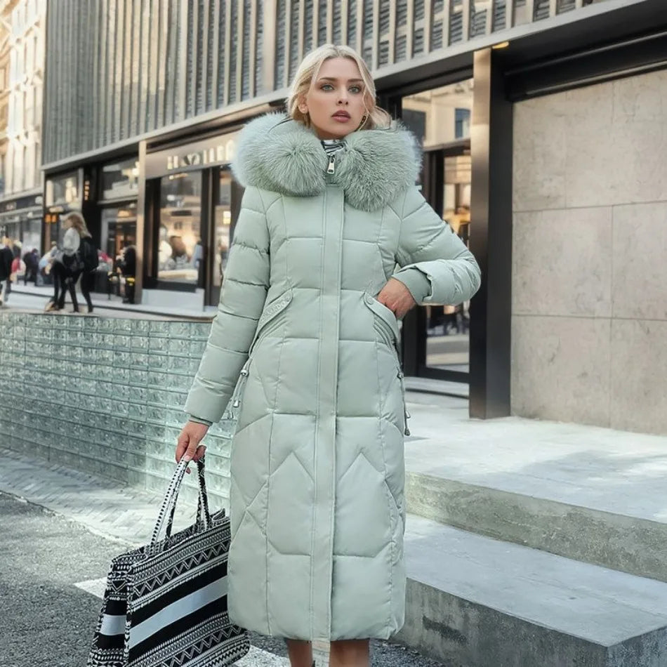 Women Long Puffer Coat with Faux Fur Hood | Tania