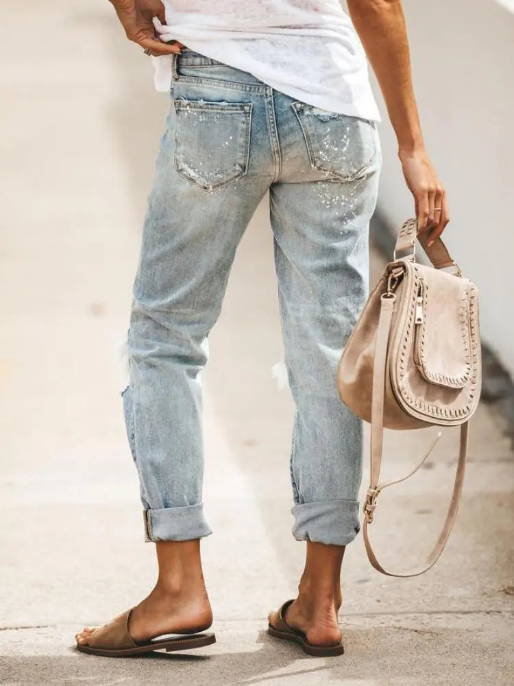 Women Cropped Denim Pants Blue Distressed | Urban Chic-5