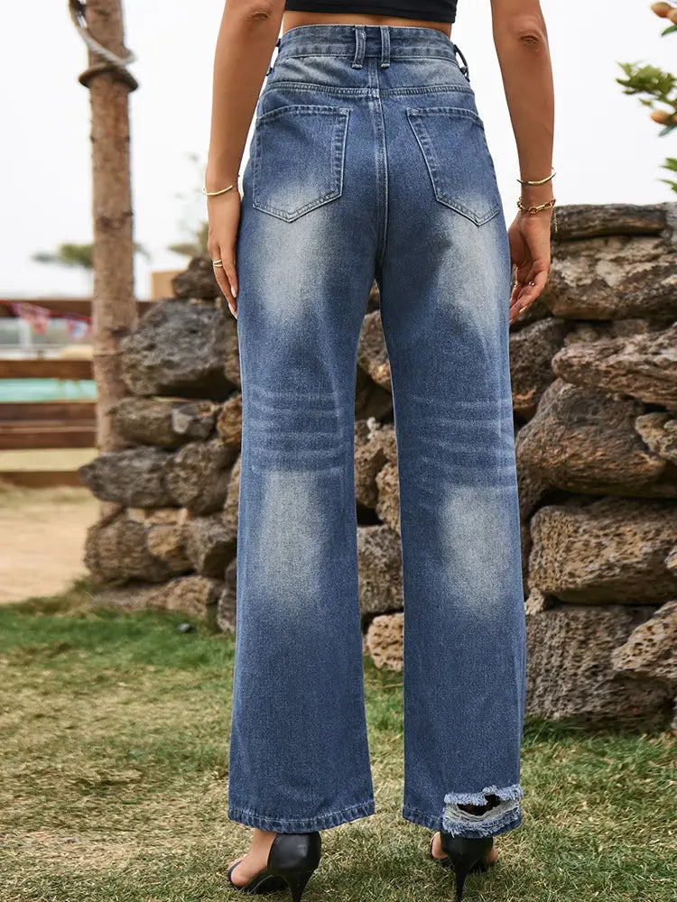 Women Wide Leg Jeans Blue Distressed Cotton | Trendsetter-4