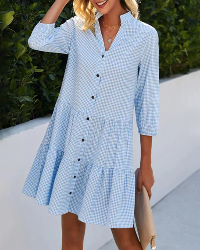 Women Gingham Button-Down Tiered Mini Dress | Masha