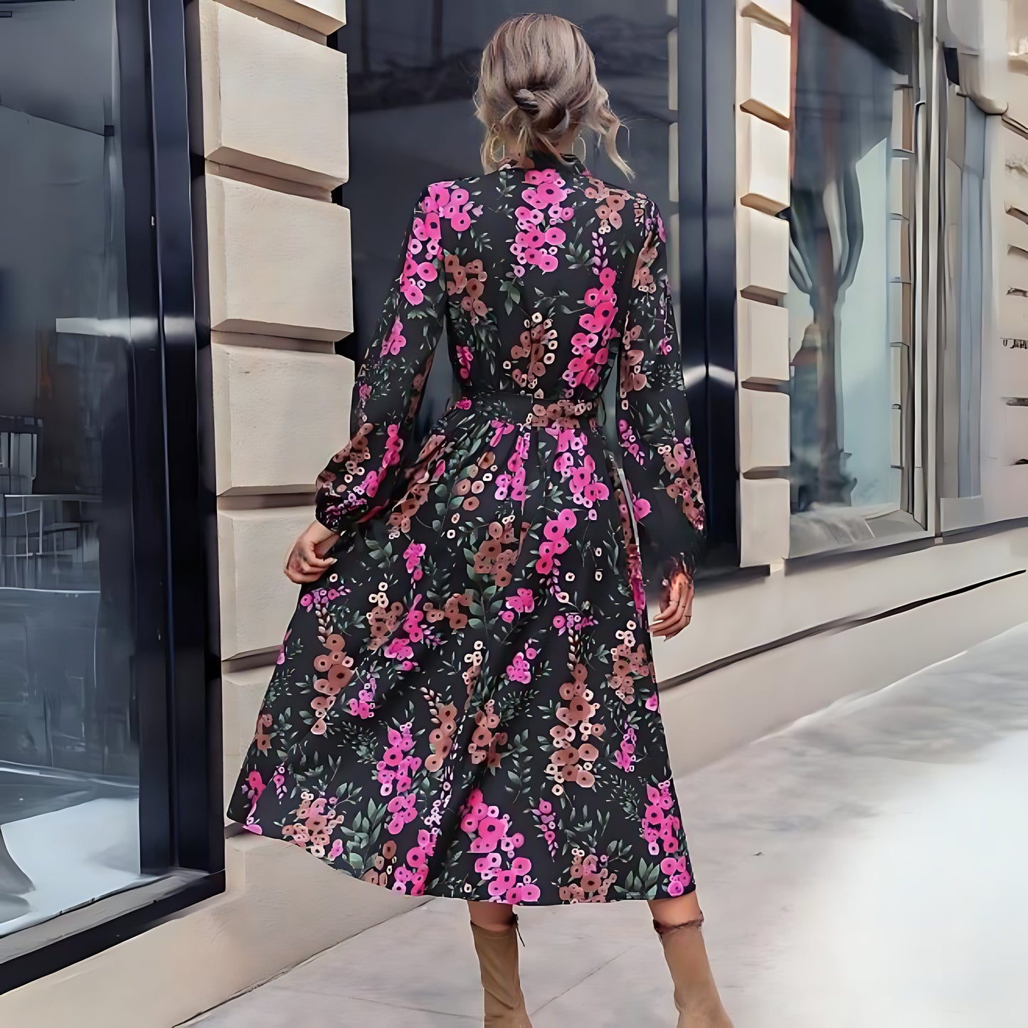 Women Floral Belted Midi Dress with Puff Sleeves | Natalie