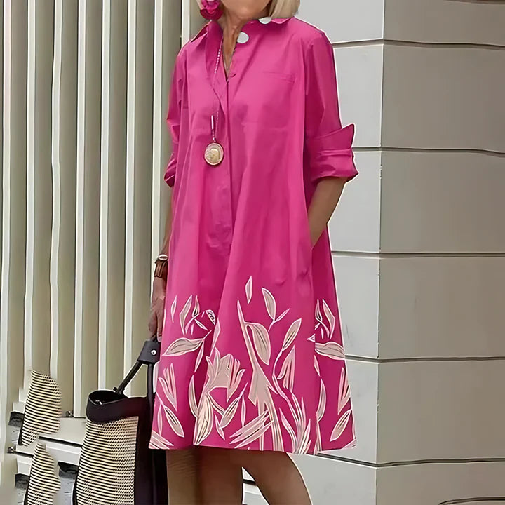 Women Button-Down Shirt Dress with Floral Print Hem | Linda