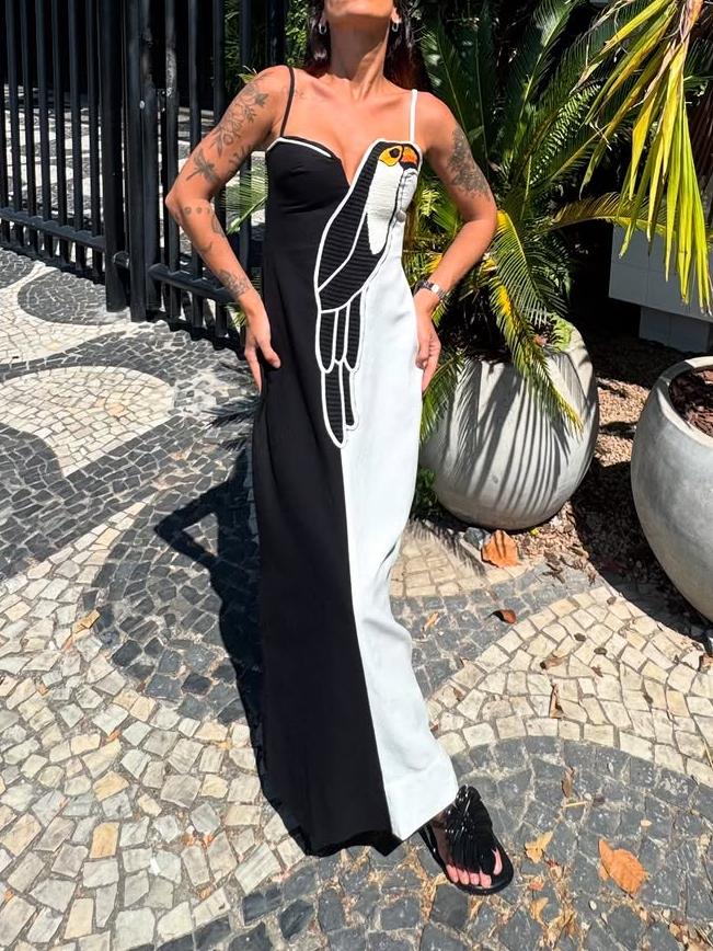 Women Maxi Dress Black and White Cotton-Linen | Parrot-2