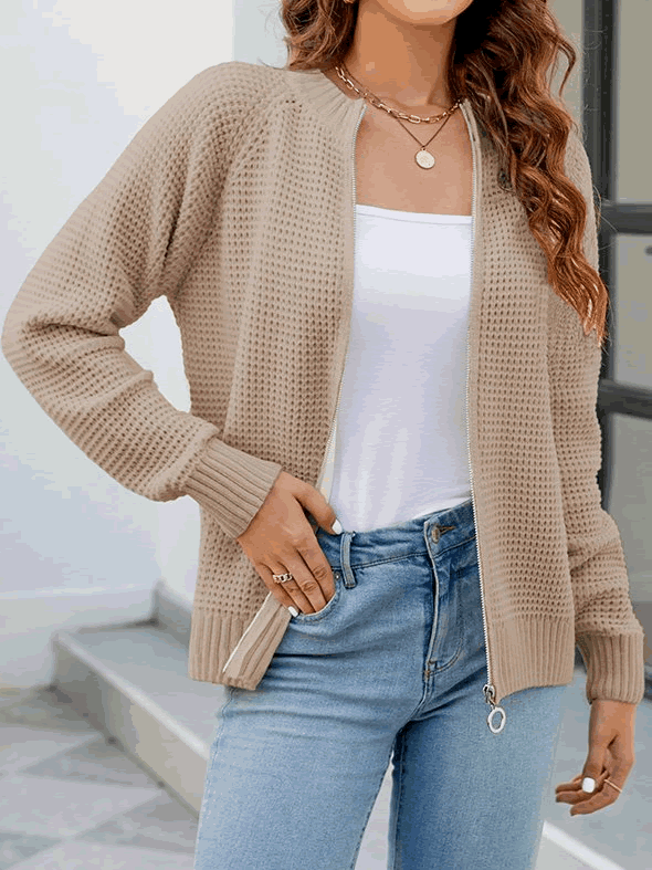 Women Waffle Knit Zip-Up Cardigan | Ryleigh