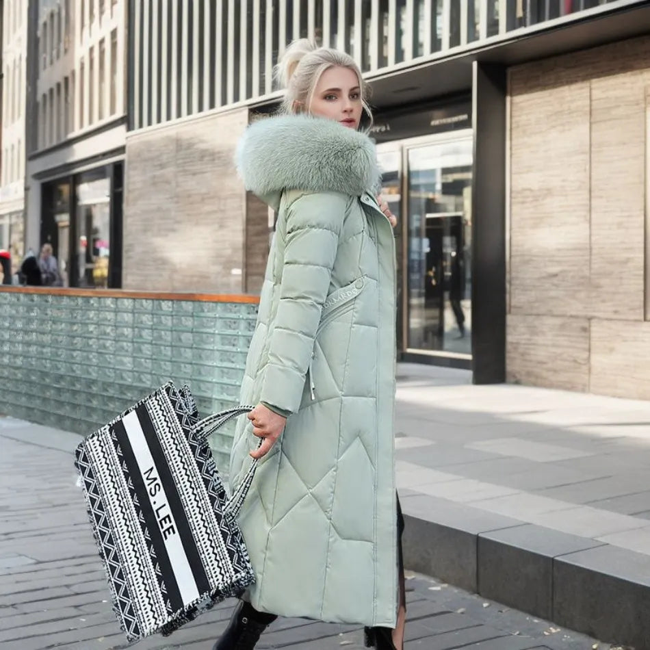 Women Long Puffer Coat with Faux Fur Hood | Tania