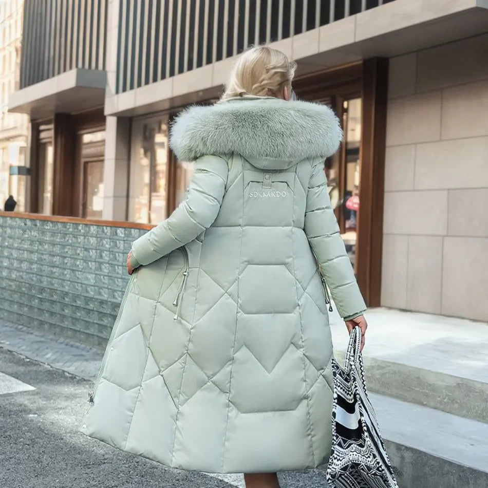 Women Long Puffer Coat with Faux Fur Hood | Tania