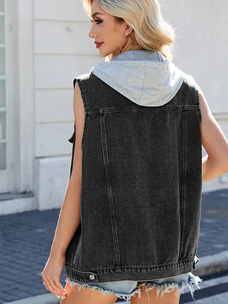 Women Hooded Denim Vest Jacket Blue Casual | Trendsetter-6