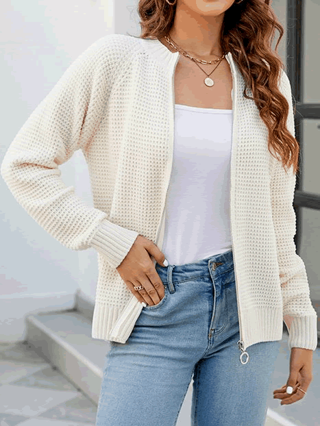 Women Waffle Knit Zip-Up Cardigan | Ryleigh