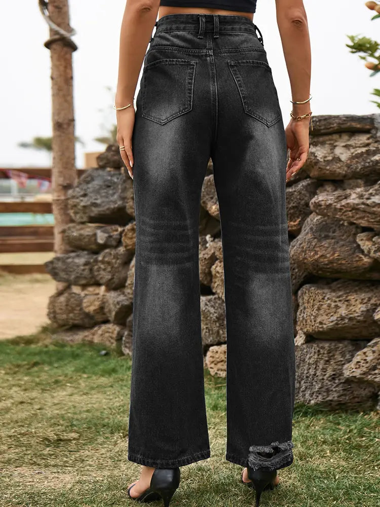 Women Wide Leg Jeans Blue Distressed Cotton | Trendsetter-6