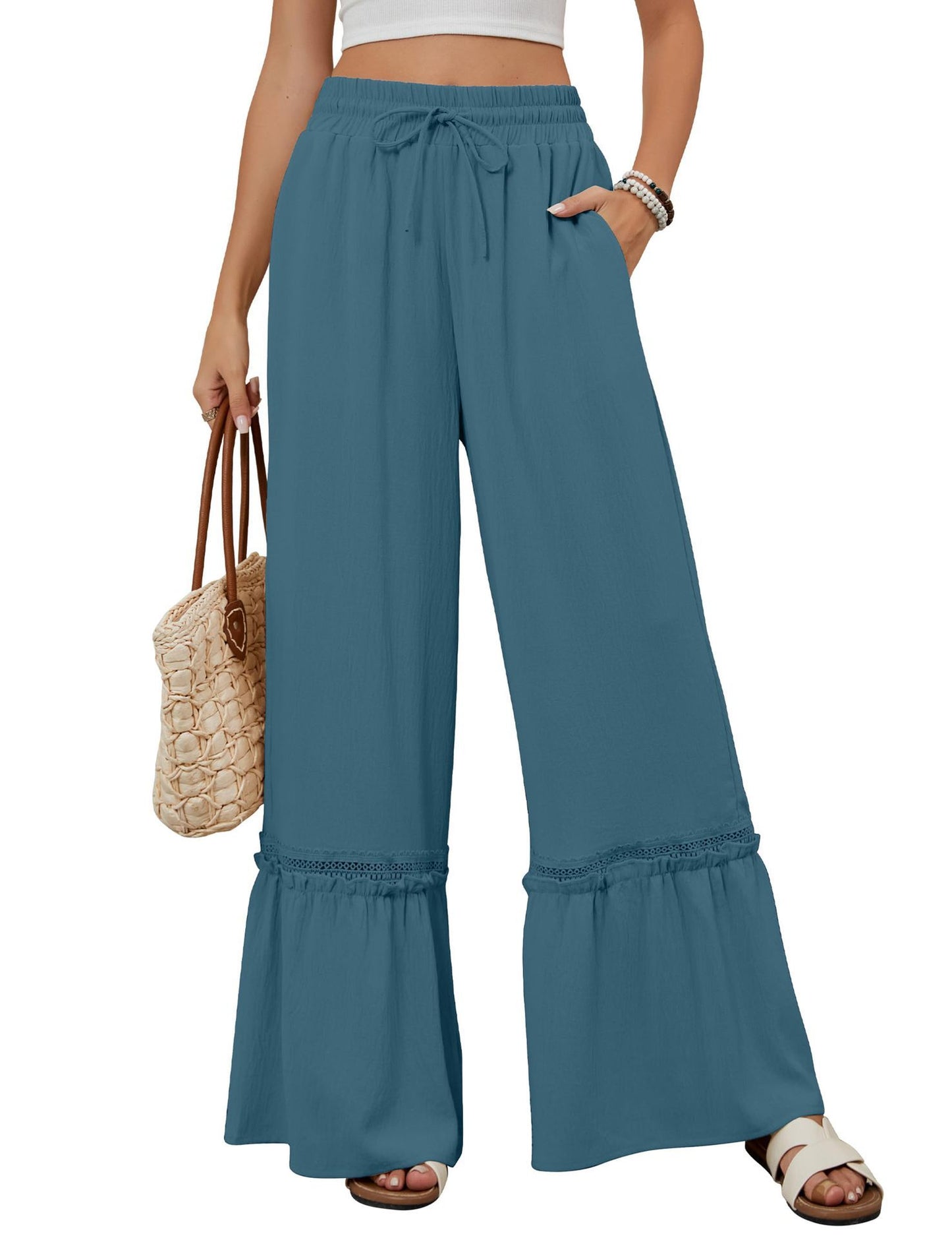 Variant image for Women Wide Leg Trousers Apricot Polyester | Elegant Style-25