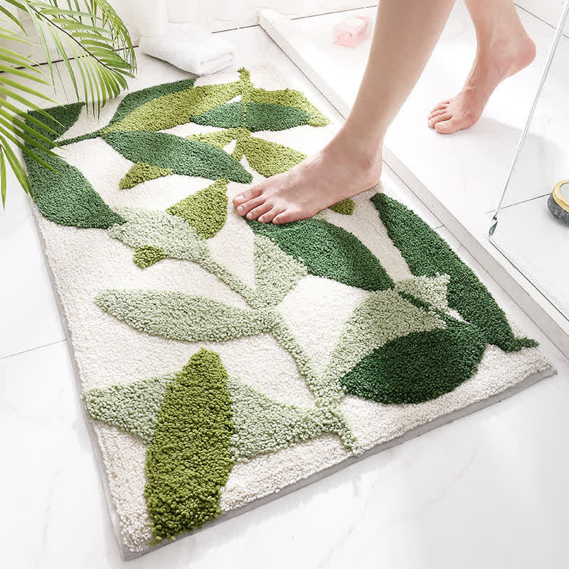 Floor Rug Green Leaf Print Polyester | Cozy Retreat 1