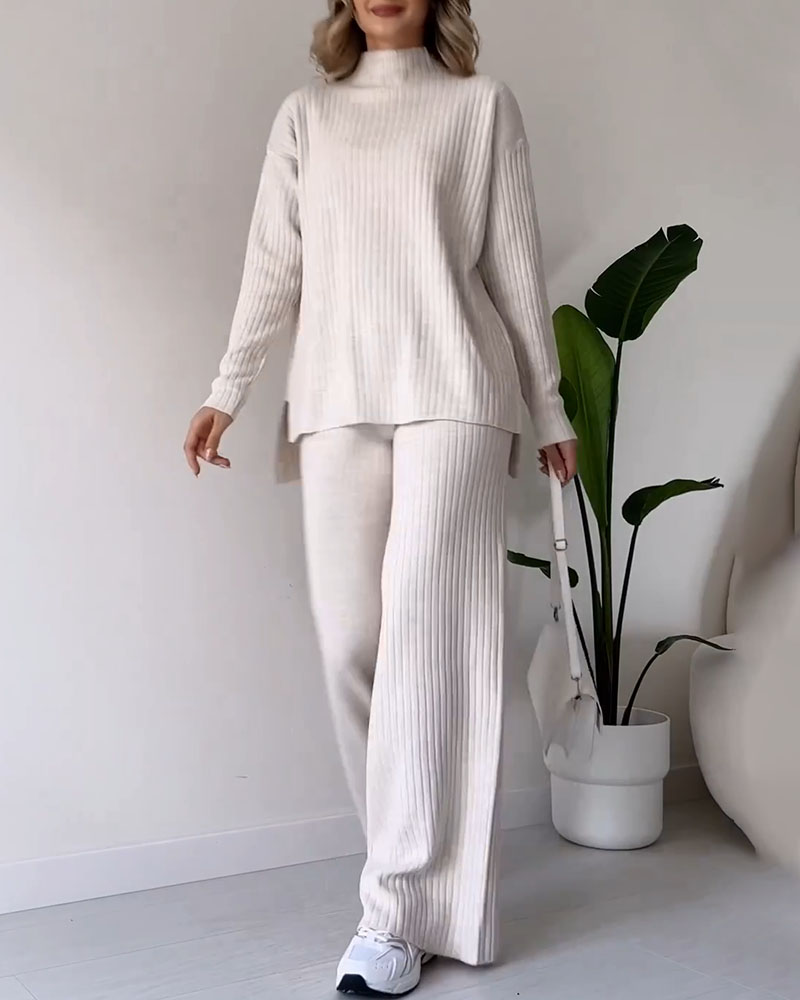Women Ribbed Knit Wide-Leg Lounge Set | Daryelle