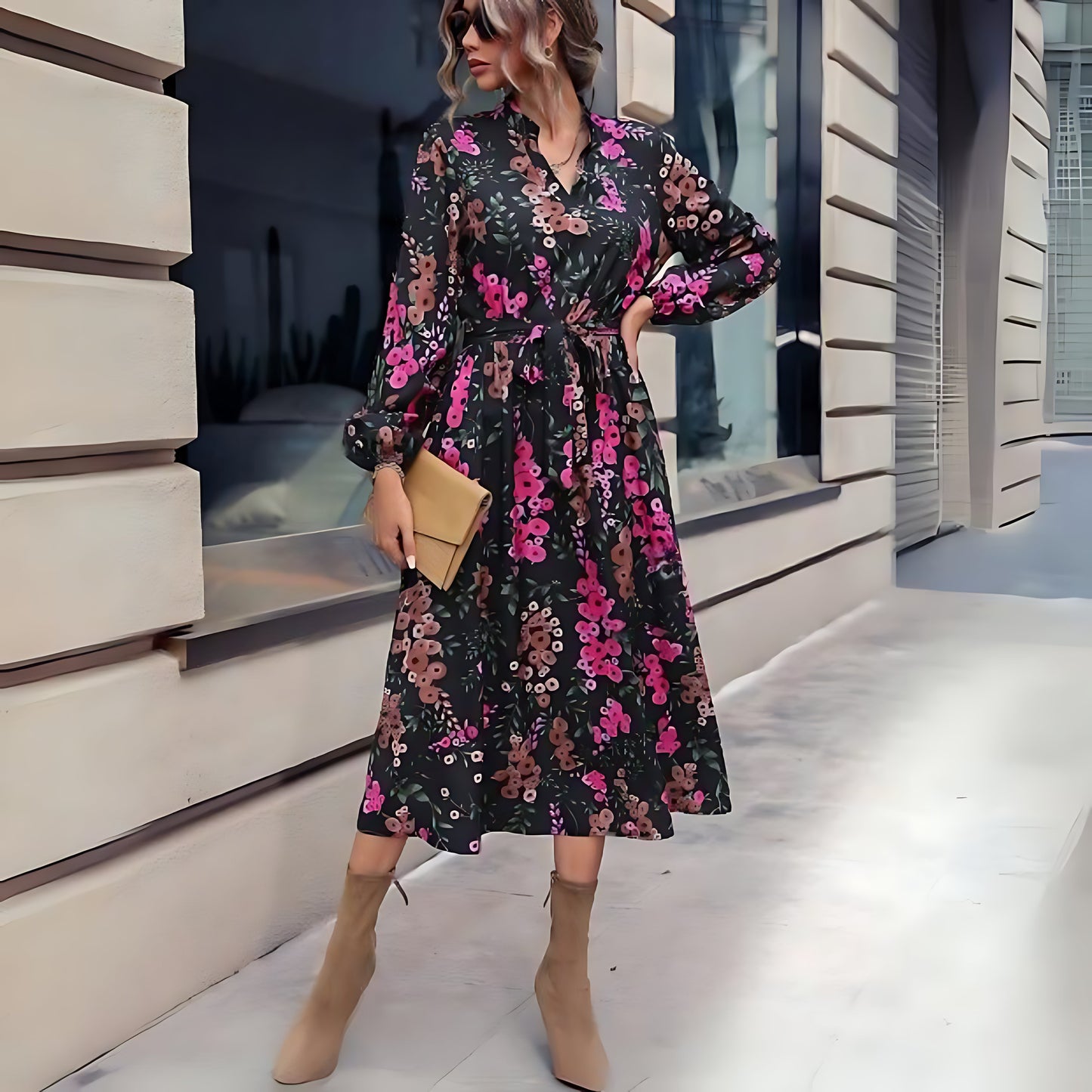 Women Floral Belted Midi Dress with Puff Sleeves | Natalie