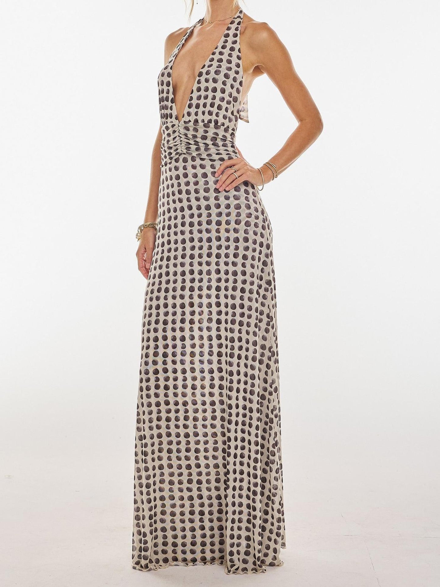 Women Maxi Dress Black Polka Dot Polyester | Bella-2