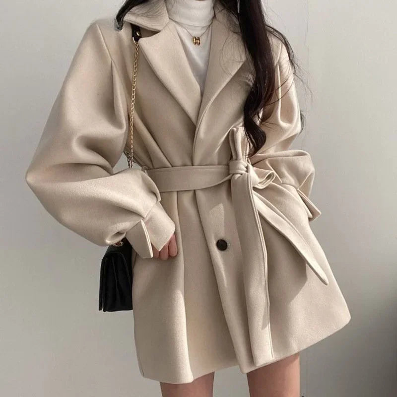 Women Short Coat Beige Wool Blend | Winter Elegance-5