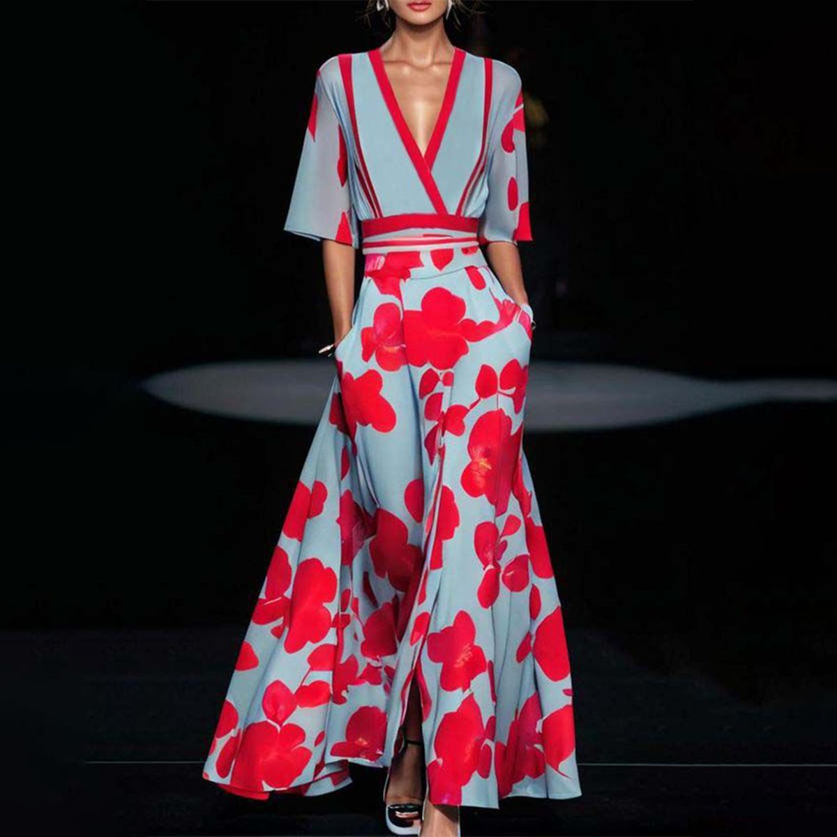 Women Maxi Dress V-Neck Size M Polyester | Elegant Flow-2
