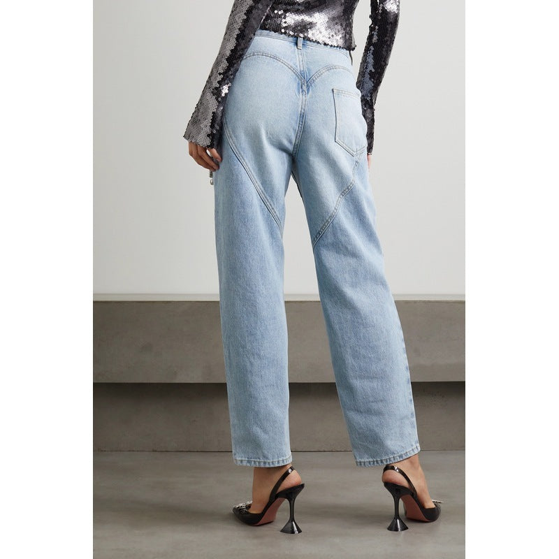 Women Straight Leg Jeans Light Blue Cotton | Crystal Elegance-4