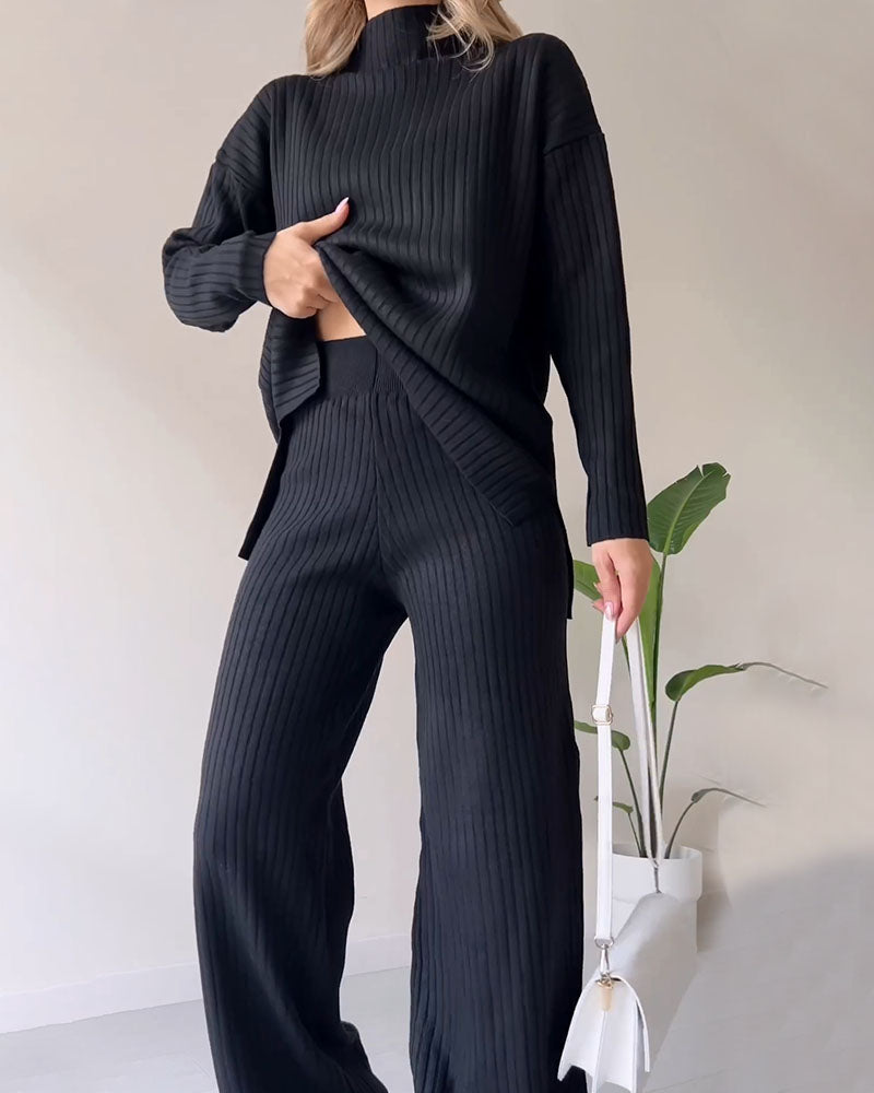 Women Ribbed Knit Wide-Leg Lounge Set | Daryelle