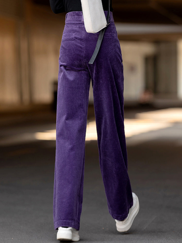 Women Wide Leg Pants Purple Corduroy | Elegant Style-4