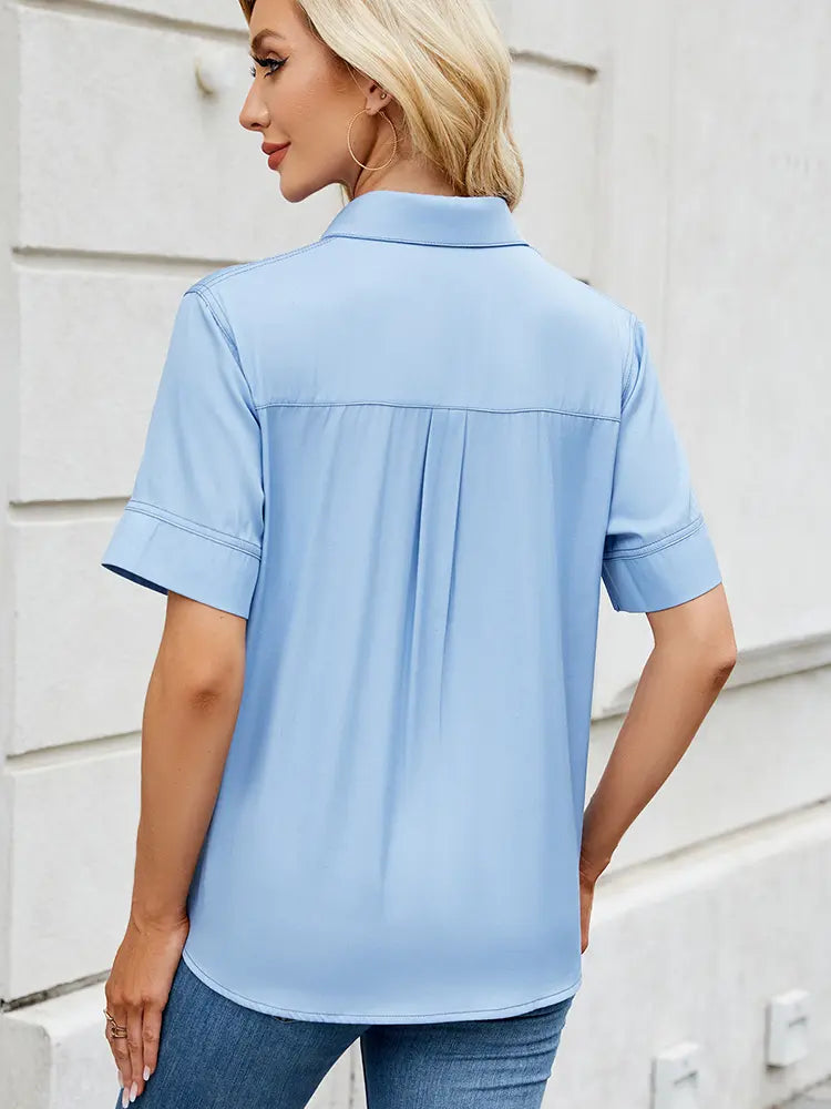 Women Short Sleeve Shirt Denim Look Lightweight | Casual Chic-4