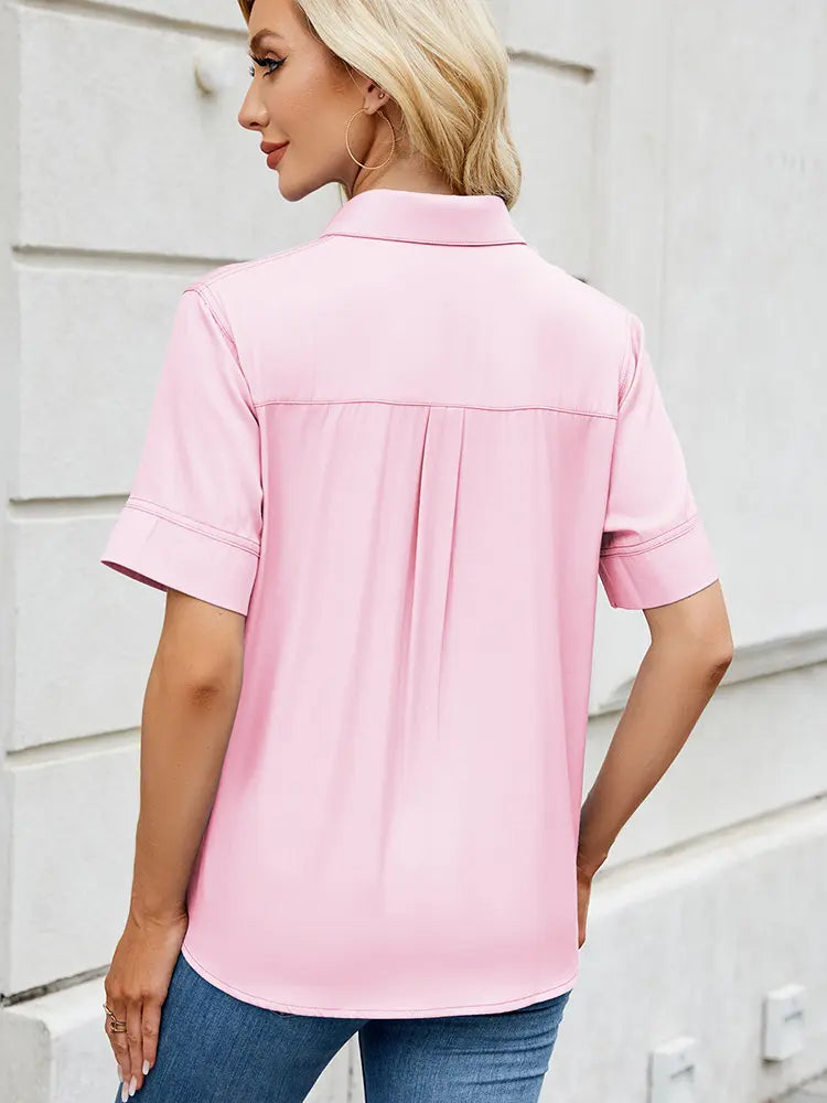 Women Short Sleeve Shirt Denim Look Lightweight | Casual Chic-6