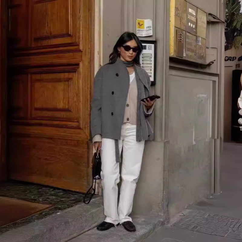 Women Short Coat Grey Polyester | Elegant Minimalist-5