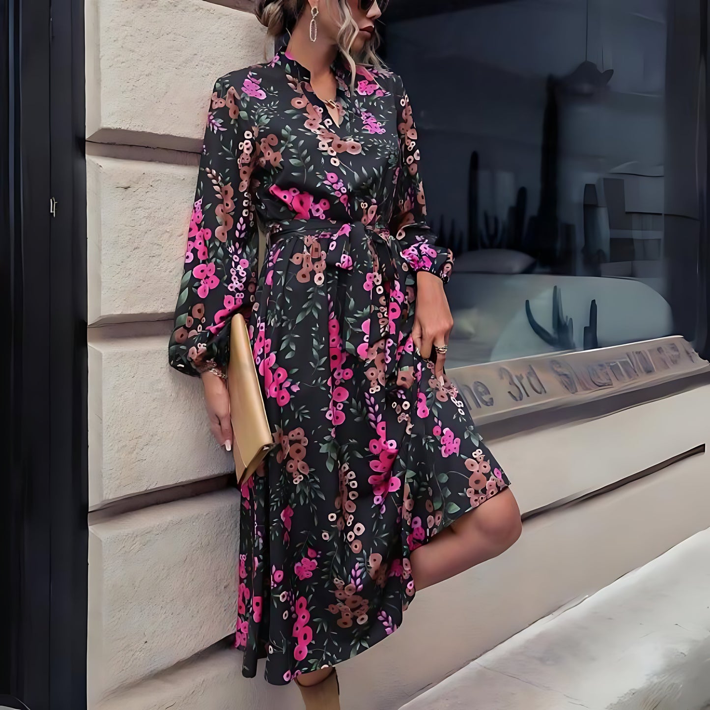 Women Floral Belted Midi Dress with Puff Sleeves | Natalie