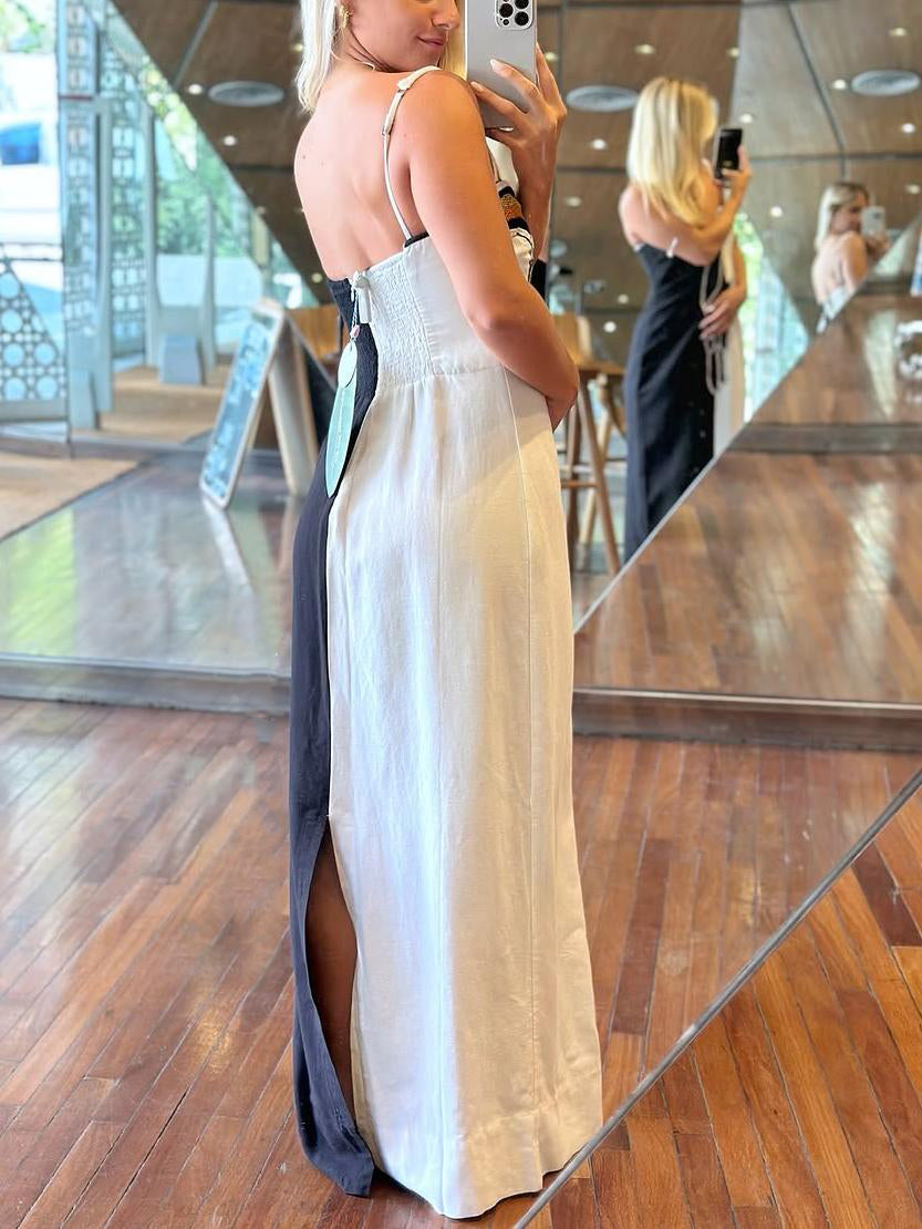 Women Maxi Dress Black and White Cotton-Linen | Parrot-3