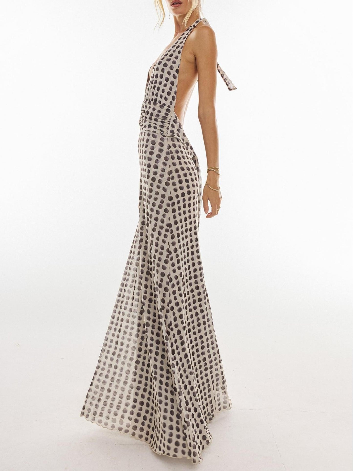 Women Maxi Dress Black Polka Dot Polyester | Bella-3