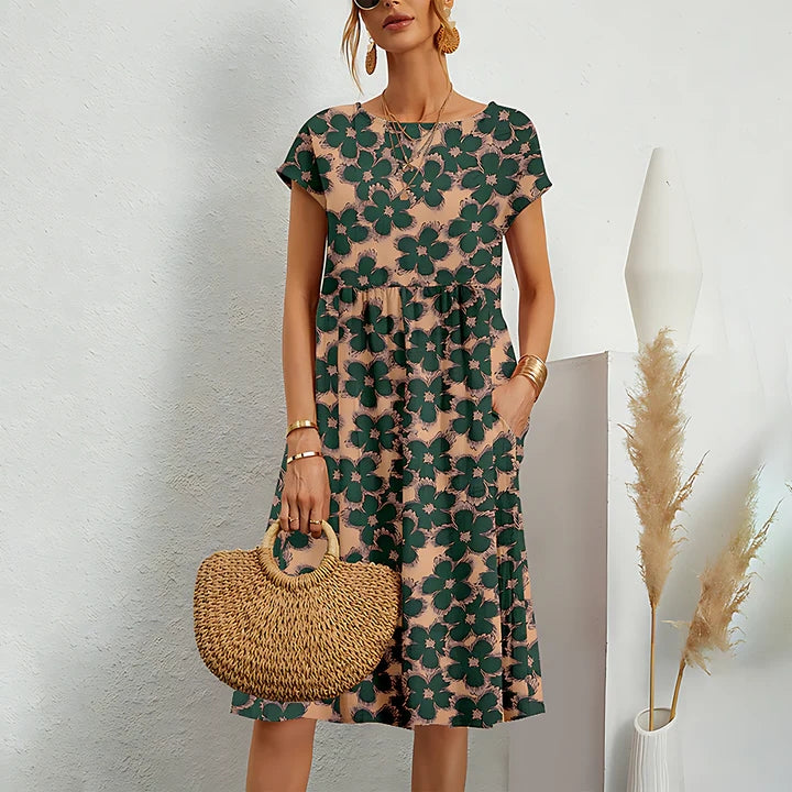 Women Floral Print Casual Midi Dress with Pockets | Layla