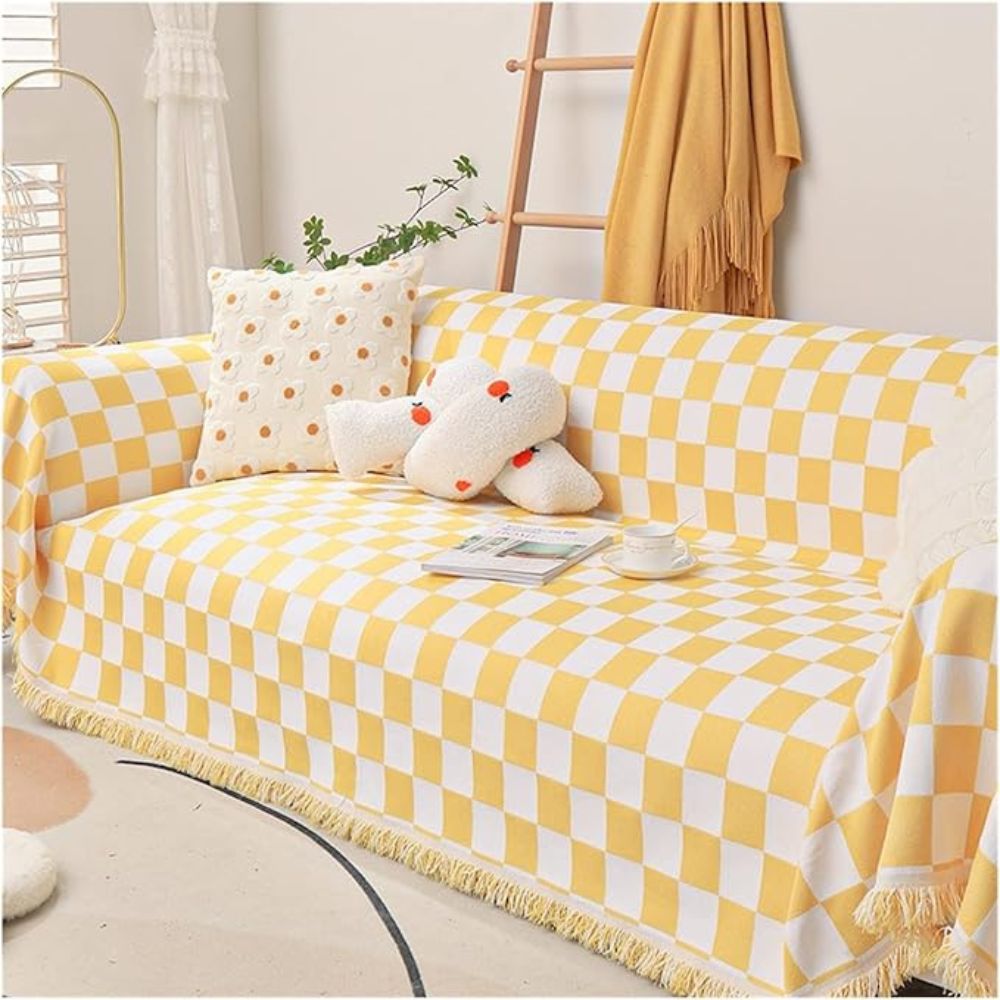 Sofa Cover Grey Microfibre Chenille | Checkerboard Design 6