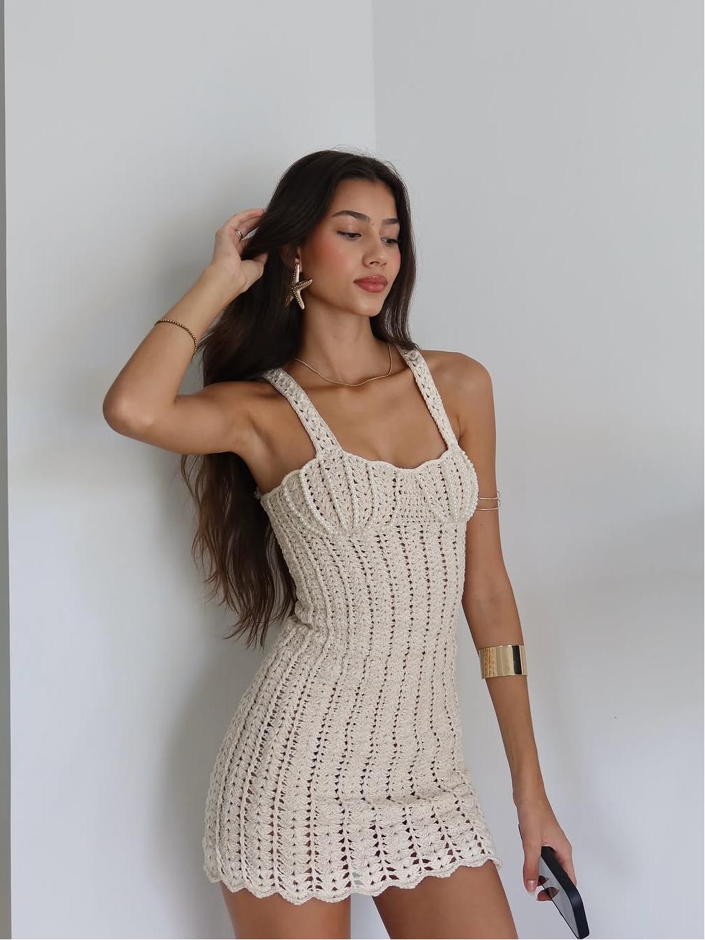 Women Mini Dress White Crochet Mesh | Bella-4