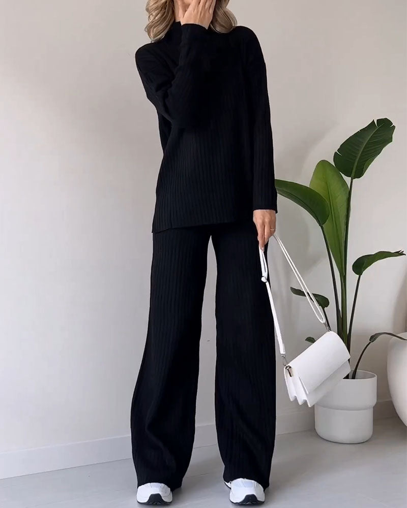 Women Ribbed Knit Wide-Leg Lounge Set | Daryelle