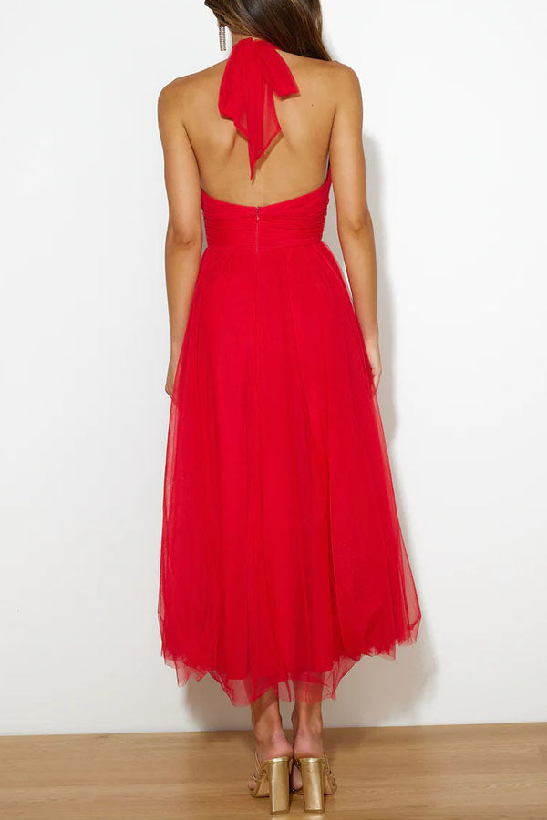 Women Halter-Neck Tulle Midi Dress | Emmeline