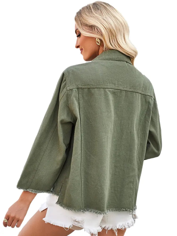 Women Denim Jacket Army Green Cotton | Ava-5