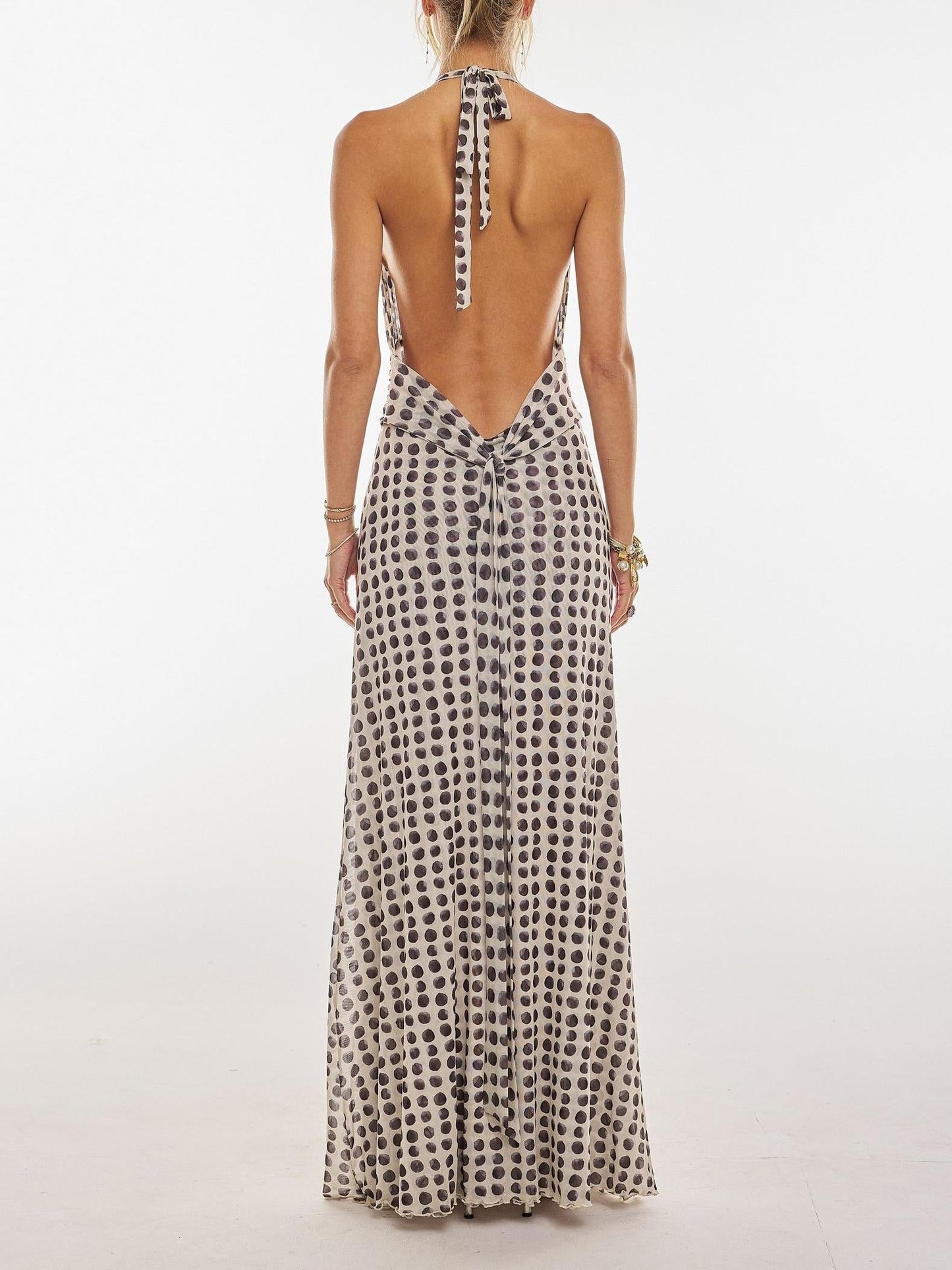 Women Maxi Dress Black Polka Dot Polyester | Bella-4