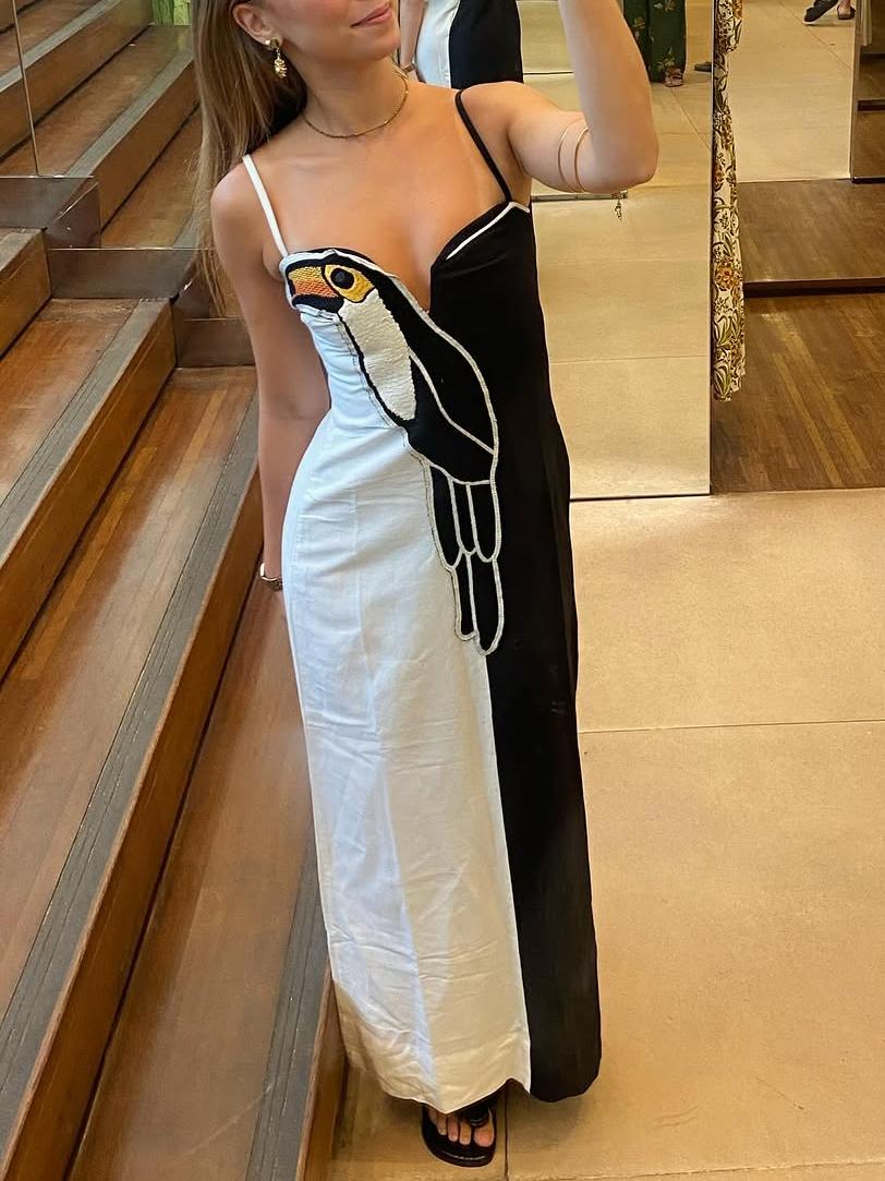 Women Maxi Dress Black and White Cotton-Linen | Parrot-4