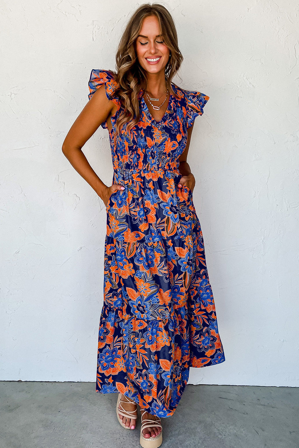 Women Floral Dress with V-neckline and Ruffles | Boho