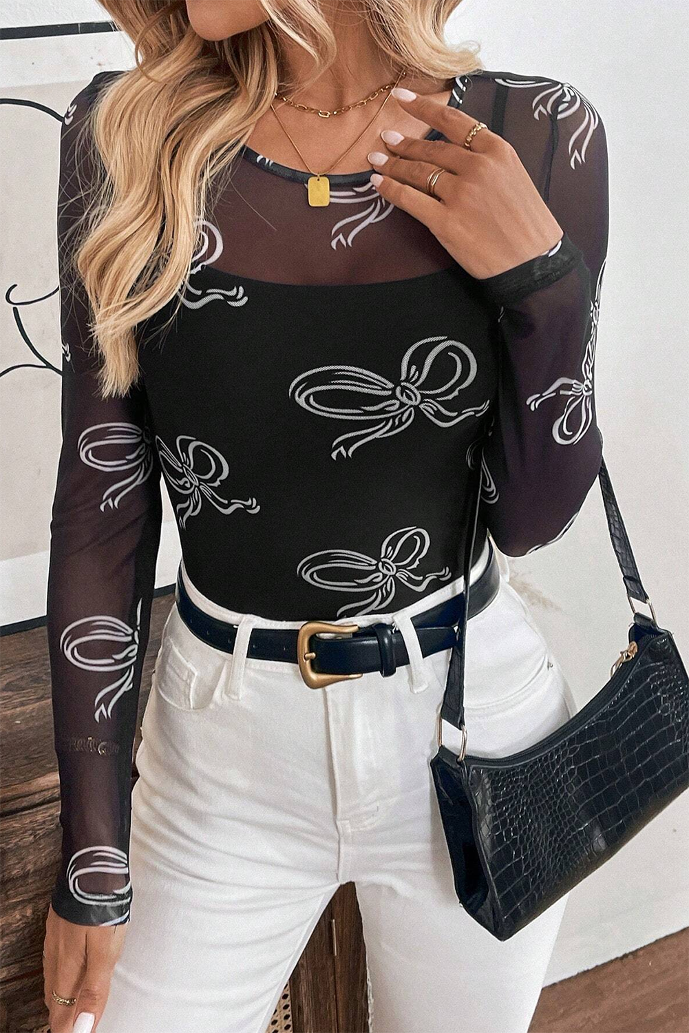 Women Long Sleeve Mesh Bow Top | Elveria