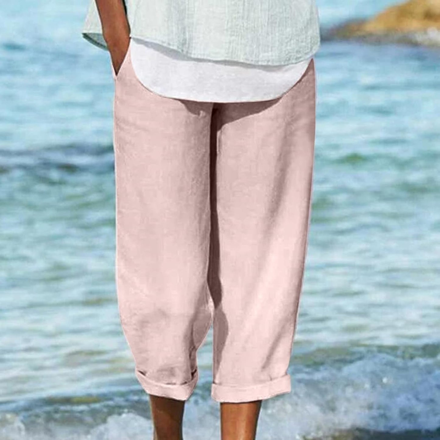 Variant image for Women Cropped Trousers Beige Lightweight | Clydel-9
